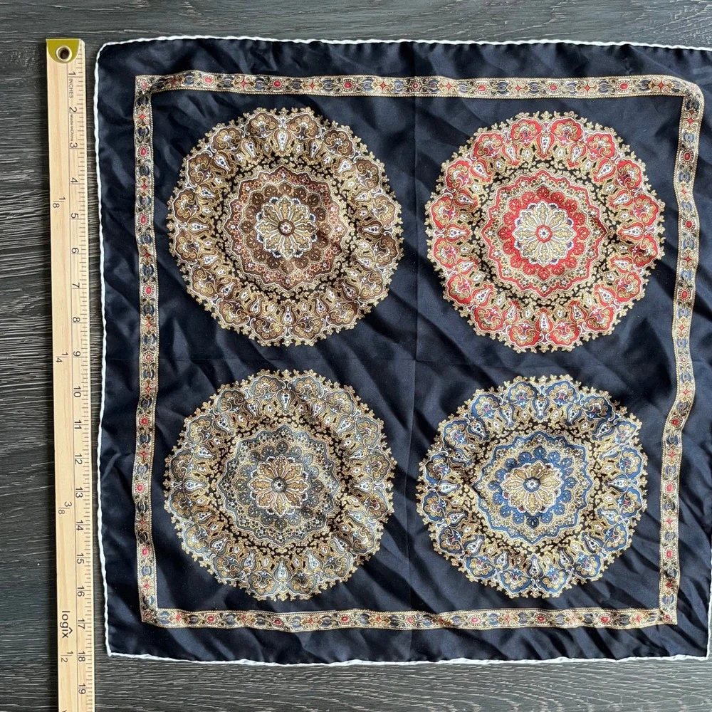 VTG Ashear Silk Scarf Made in Italy Hand Rolled Black Mandala Medallion Square